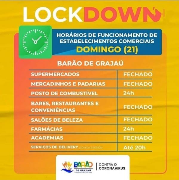Prefeitura de Barão de Grajaú divulga tabela de funcionamento do comércio durante o lockdown(Imagem:Reprodução)