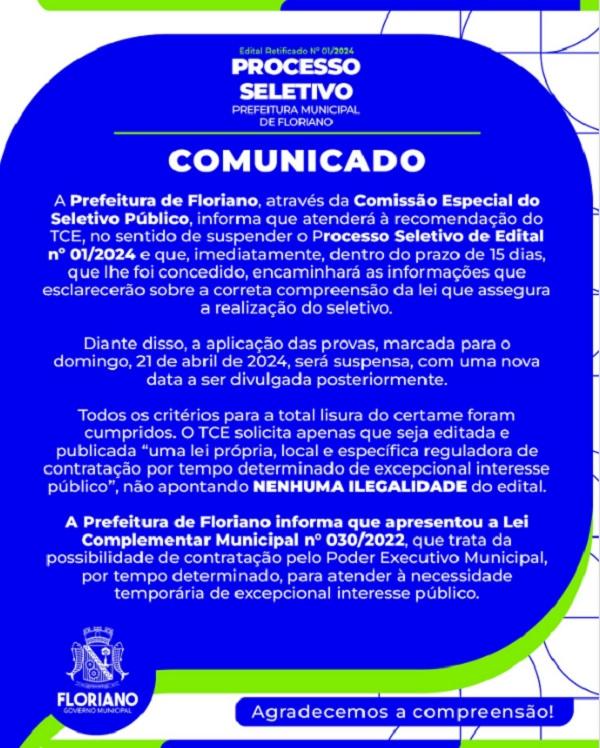  Prefeitura de Floriano suspende Processo Seletivo Público em conformidade com recomendação do TCE.(Imagem:Reprodução/Instagram)