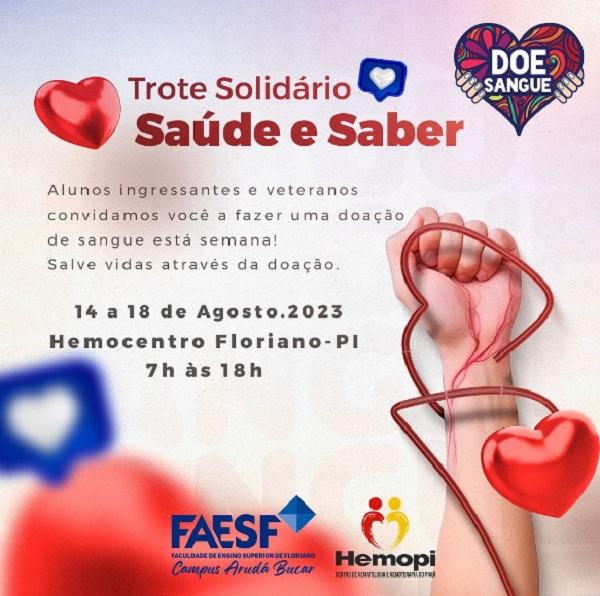 Trote Solidário Saúde e Saber: FAESF e Hemocentro de Floriano unem-se para doação de sangue.(Imagem:Reprodução/Instagram)