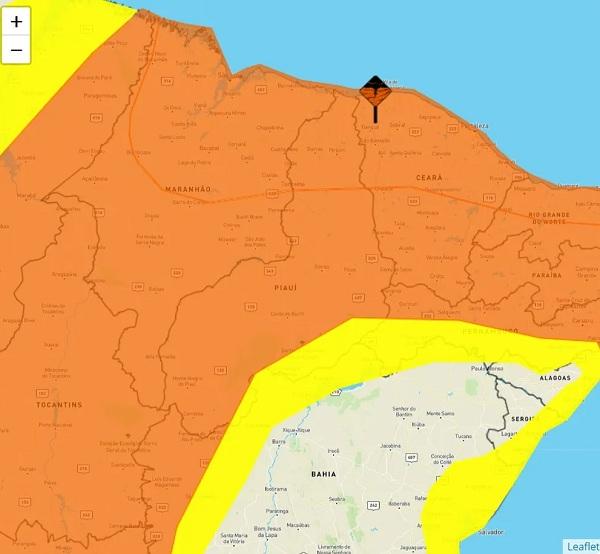  Em laranja, as áreas com previsão de chuvas fortes entre sexta-feira (17) e segunda-feira (20). (Imagem: Inmet/ Divulgação )