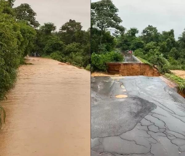 Cheia do rio Parnaíba destrói trecho da rodovia PI-247 entre Uruçuí e Ribeiro Gonçalves, no Sul do Piauí.(Imagem:Reprodução/ Blog do Dudu)