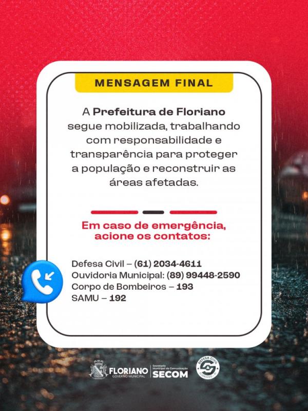 Prefeitura de Floriano decreta situação de emergência após fortes chuvas no município(Imagem:Secom)