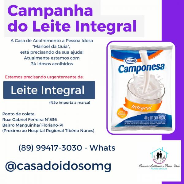 Casa de Acolhimento Manoel da Guia lan&ccedil;a campanha de arrecada&ccedil;&atilde;o de leite integral em Floriano.(Imagem:Divulga&ccedil;&atilde;o)