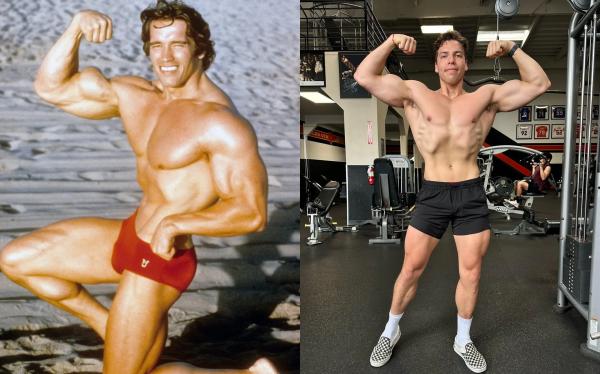 Arnold Schwarzenegger nos tempos de fisiculturista, em 1977, e Joseph Baena.(Imagem:Getty Images - Reprodução/Instagram)