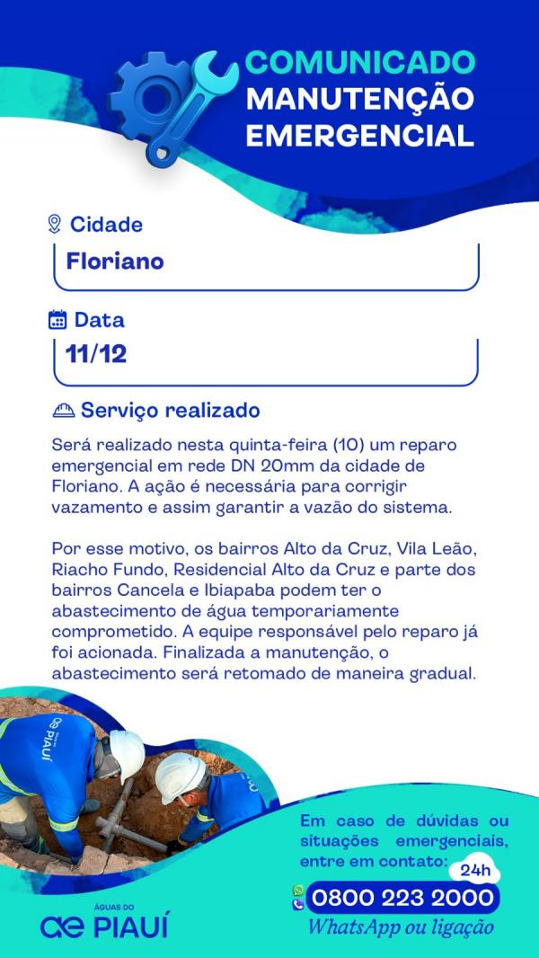  Águas do Piauí realiza manutenção emergencial em rede de abastecimento nesta quinta-feira (11) em Floriano.(Imagem:Divulgação)