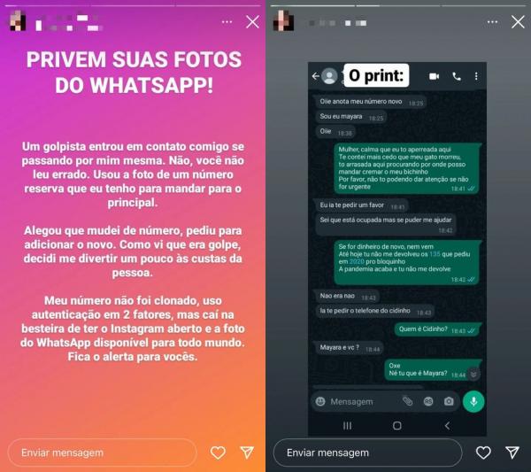 A partir daí a conversa é interrompida e a foto do número falso é retirada do perfil. Mayara informou que ainda não registrou o boletim de ocorrência, mas que fará isso de forma on(Imagem:Reprodução)