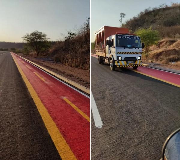 Ciclofaixa no meio de estrada no Piauí refeita na lateral da pista.(Imagem:Reprodução)