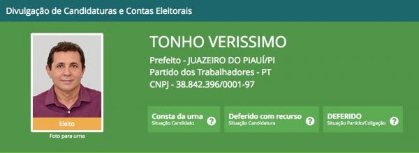 Tonho Veríssimo, prefeito eleito de Juazeiro do Piauí, teve candidatura indeferida pelo TSE.(Imagem:TSE)