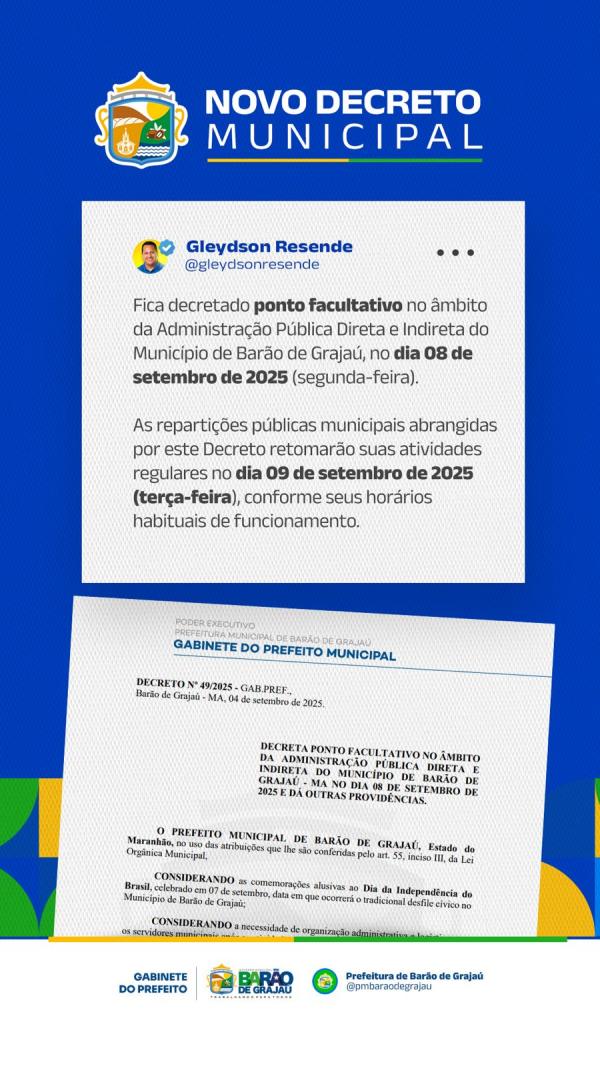 Prefeitura de Barão de Grajaú decreta ponto facultativo no dia 8 de setembro.(Imagem:Divulgação)