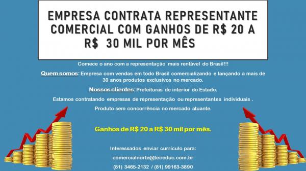 Empresa contrata representante comercial com ganhos de R$ 20 a R$ 30 mil por mês.(Imagem:Divulgação)