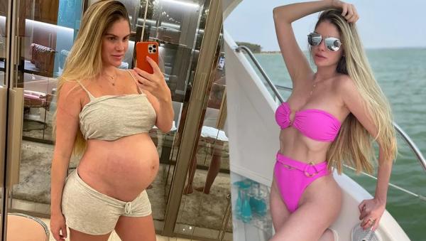  Bárbara Evans perdeu 27 kg que engravidou na gestação. Foto com Ayla na barriga e atualmente com 49kg.(Imagem:Arquivo pessoal )