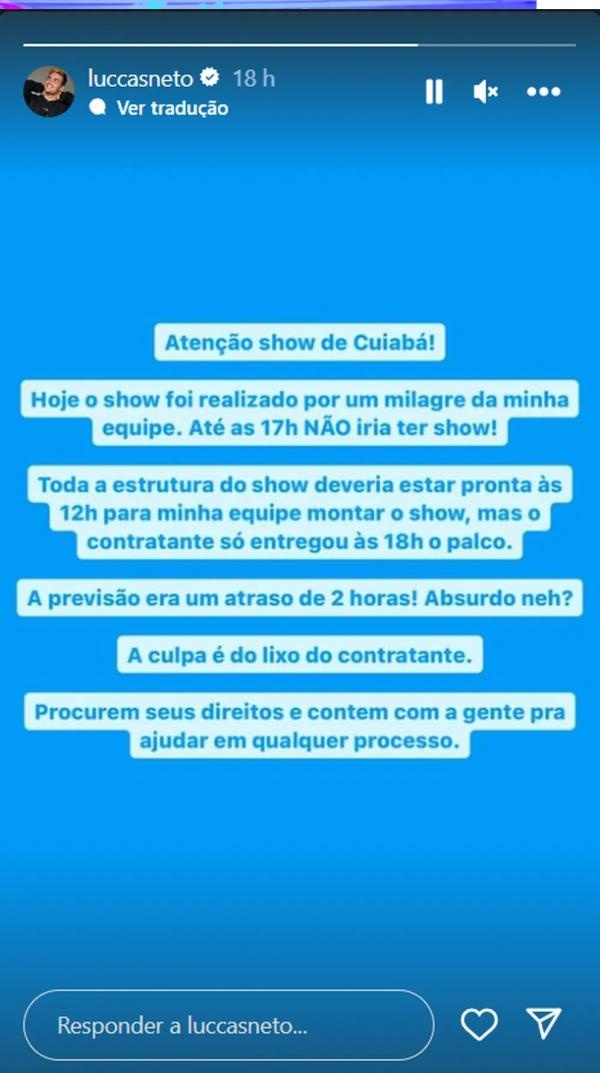 Luccas Neto se pronuncia acerca de confusão em show em Cuiabá.(Imagem:Reprodução/Instagram)
