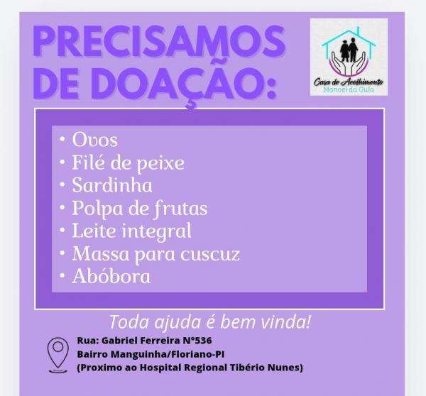 Casa de Acolhimento ?Manoel da Guia? mobiliza doa&ccedil;&otilde;es para manter assist&ecirc;ncia a idosos em Floriano.(Imagem:Reprodu&ccedil;&atilde;o/Instagram)