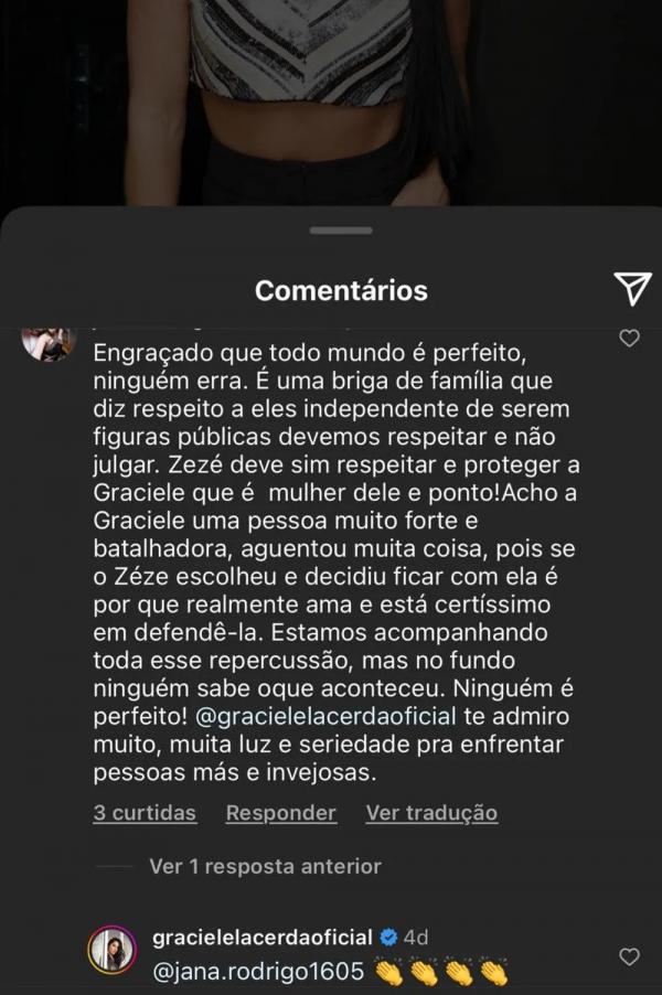 Graciele Lacerda interage com seguidores sobre briga familiar.(Imagem:Reprodução)