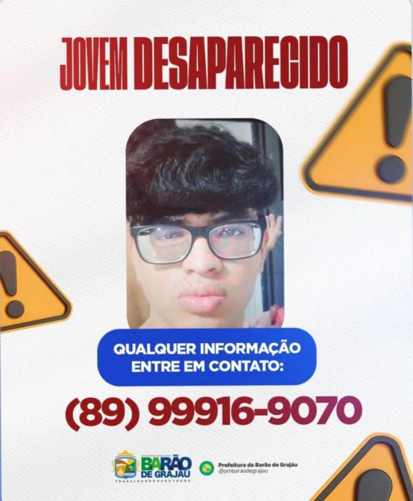 Jovem de 17 anos está desaparecido em Barão de Grajaú; família pede ajuda da população.(Imagem:Divulgação)