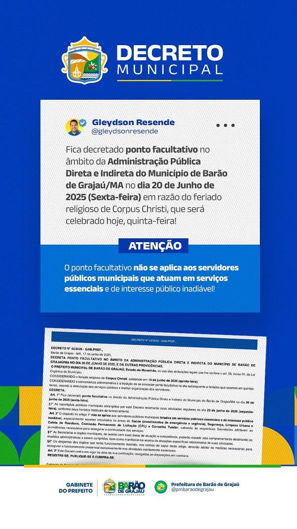 Barão de Grajaú decreta ponto facultativo nesta sexta (20) após feriado de Corpus Christi.(Imagem:Divulgação)