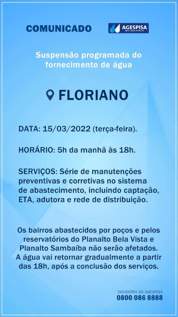 Agespisa comunica suspensão de fornecimento de água em Floriano.(Imagem:Divulgação)