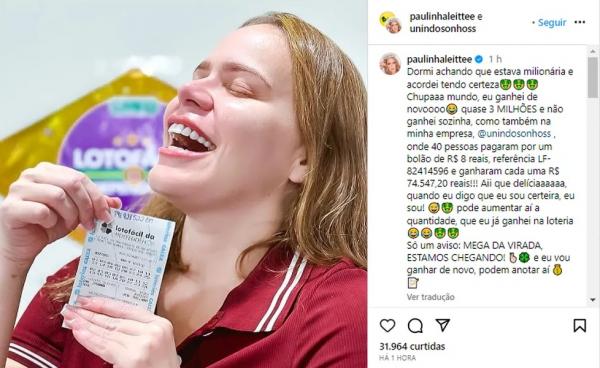 A ex-BBB Paulinha Leite mostra o mais recente bilhete premiado, em post no Instagram.(Imagem:Reprodução)