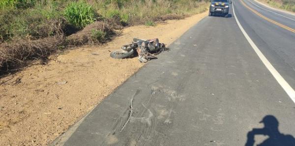 Moto ficou destruída após colidir com carreta na BR-135.(Imagem:Divulgação/PRF)