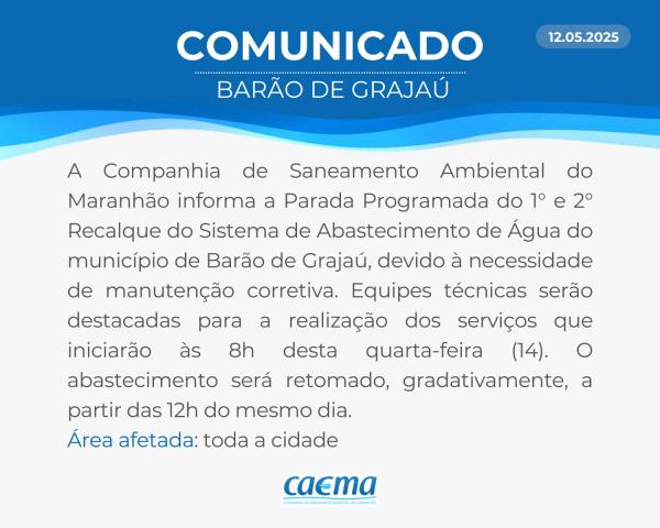CAEMA realiza parada programada para manutenção em Barão de Grajaú nesta quarta (14)(Imagem:Divulgação)