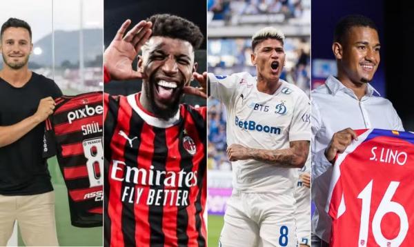 Saúl já foi anunciado pelo Flamengo, que se aproxima de Emerson Royal, Carrascal e Samuel Lino.(Imagem:Gilvan de Souza/Flamengo; Reprodução; X/Dínamo Moscou; Divulgação/Atleti)