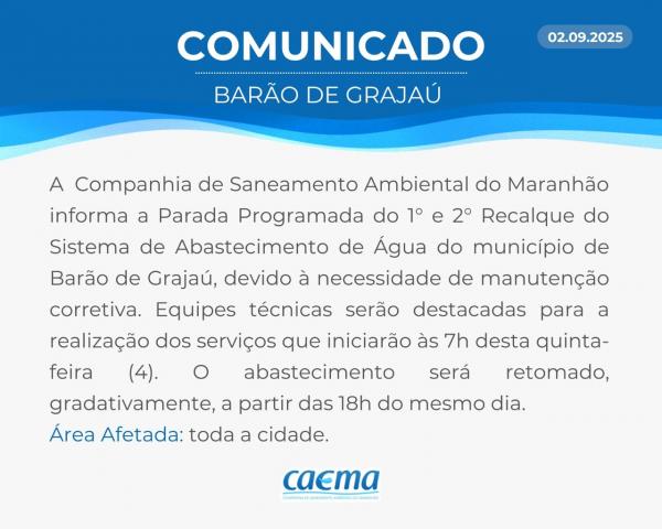 Barão de Grajaú terá abastecimento de água suspenso nesta quinta-feira (04)(Imagem:Divulgação)