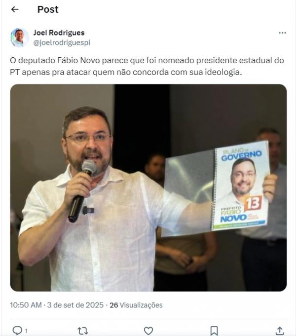 Joel responde Fábio Novo, diz que ele foi eleito só para atacar e que sua postagem tenta criar
