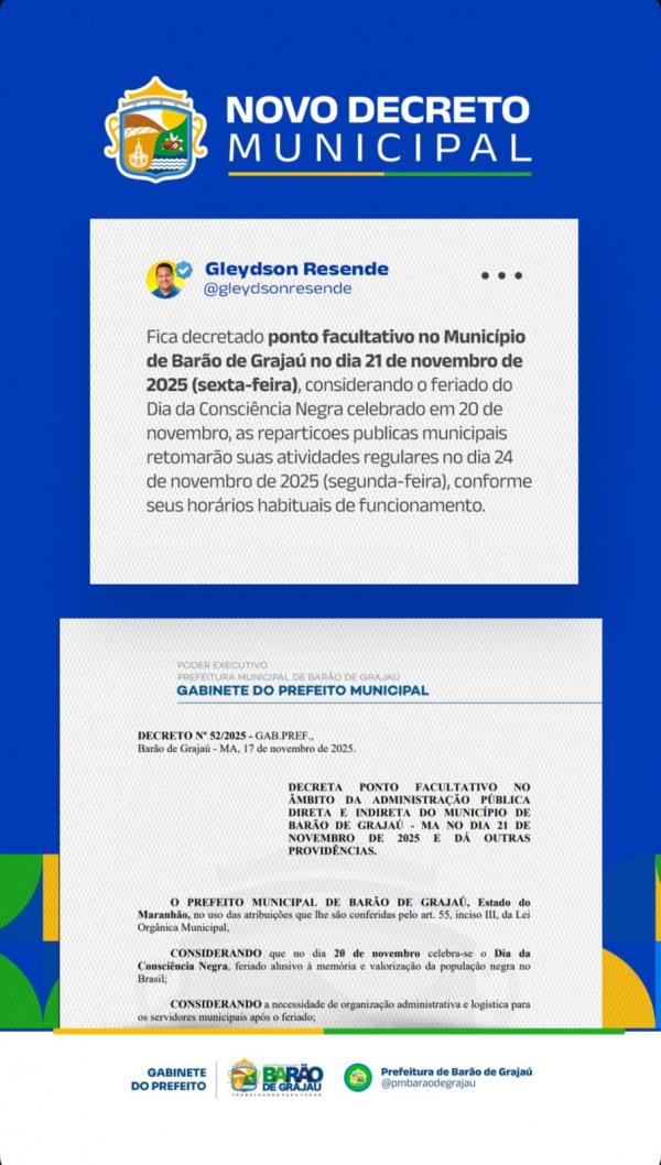 Prefeitura de Barão de Grajaú decreta ponto facultativo no dia 21 de novembro.(Imagem:Divulgação)