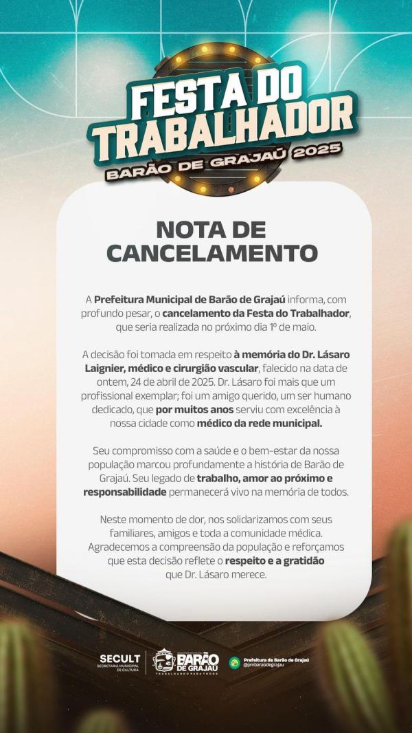 Prefeitura de Barão de Grajaú cancela Festa do Trabalhador em luto pela morte do Dr. Lasaro Laignier.(Imagem:Divulgação)