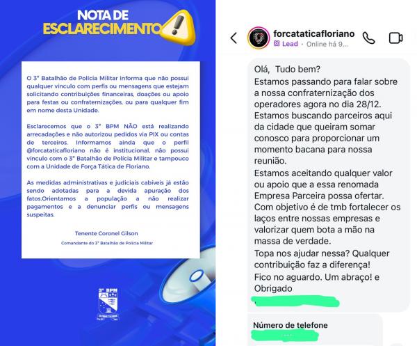 3&ordm; BPM de Floriano alerta sobre golpes envolvendo pedidos de doa&ccedil;&otilde;es em nome da unidade(Imagem:Divulga&ccedil;&atilde;o)
