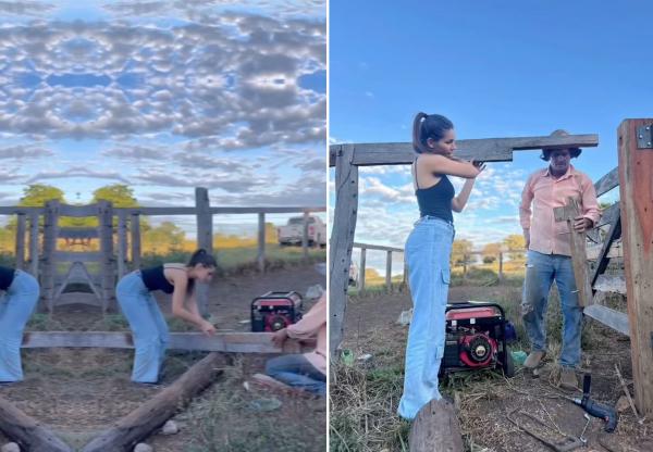 Mulher de Amado Batista surge construindo cerca em fazenda:
