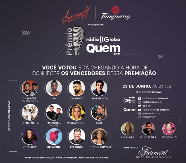 Prêmio Rádio Globo Quem acontece no dia 23 de junho.(Imagem:Divulgação)