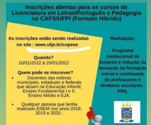 Abertas as inscrições para os cursos de Licenciatura em Letras/Português e Pedagogia no CAFS/UFPI.(Imagem:FlorianoNews)