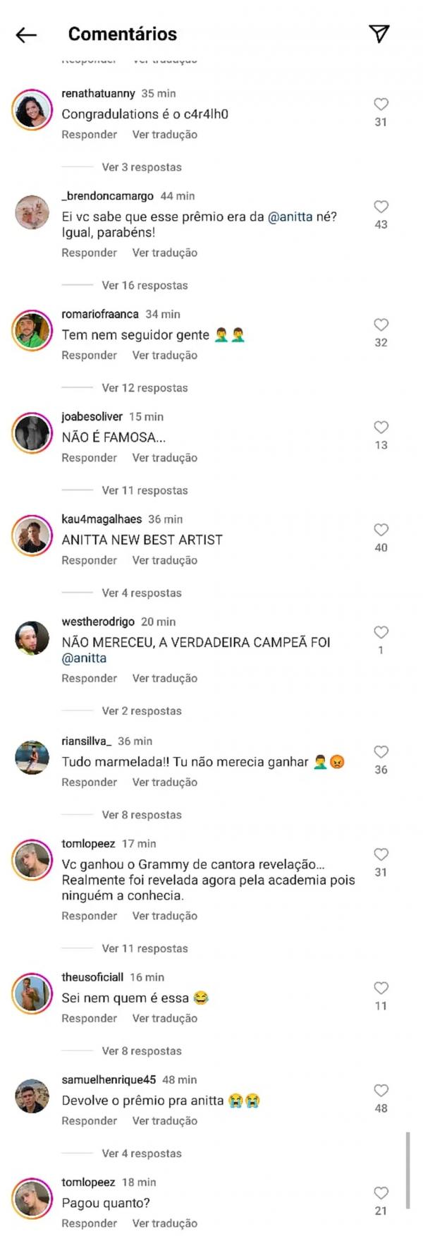  Fãs de Anitta invadem perfil de Samara Joy para fazer comentários negativos.(Imagem:Reprodução )