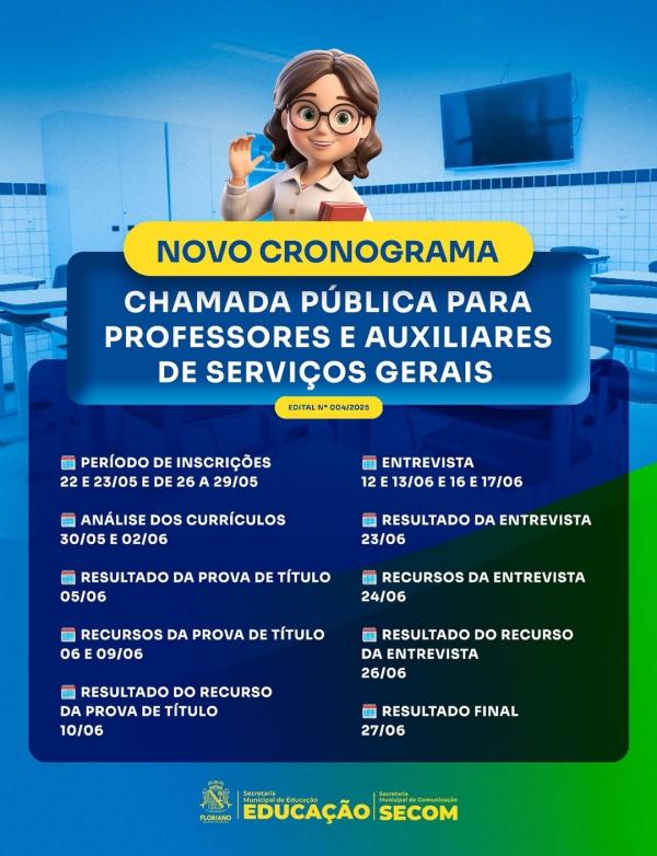 Divulgado novo cronograma da Chamada Pública para professores e auxiliares em Floriano.(Imagem:Reprodução/Instagram)