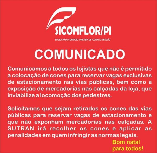 SICOMFLOR solicita aos lojistas retirada de cones para resguardar vaga em frente comércio.(Imagem:Divulgação)