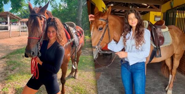 Isadora Cruz mostra paixão de infância em clique com cavalo.(Imagem:Arquivo pessoal )