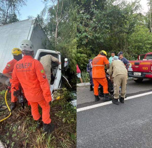 Motorista de caminhão fica preso às ferragens em rodovia do Piauí.(Imagem:Corpo de Bombeiros)