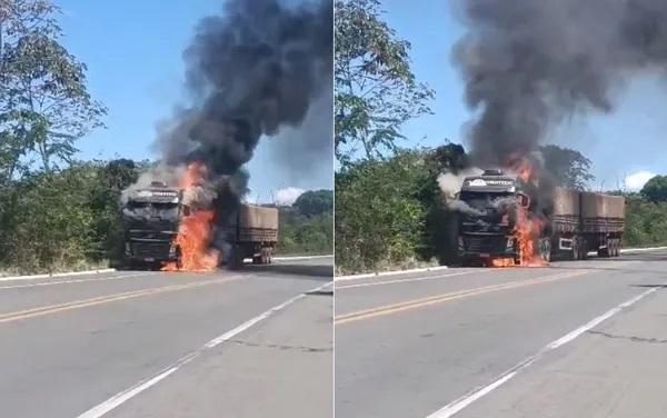 Carreta pega fogo na BR-343 e causa congestionamento entre Altos e Teresina.(Imagem:Reprodução)