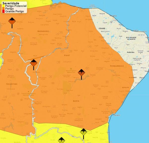 Piauí em alerta de perigo de chuvas fortes e ventos intensos.(Imagem:Inmet)