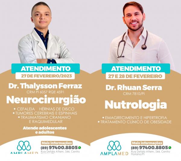 Amplamed: agenda aberta para atendimento com Dr. Thallysson Ferraz e Dr. Rhuan Serra.(Imagem:Divulgação)