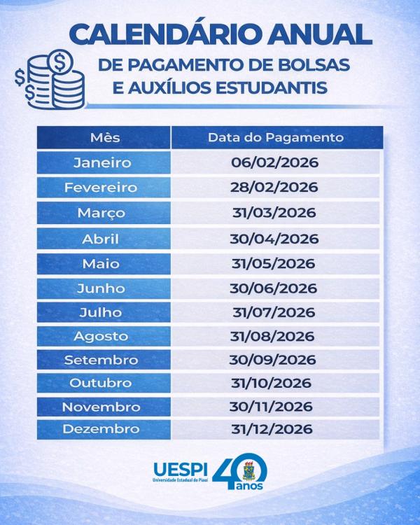 A tabela estabelece, de forma antecipada, as datas de pagamento referentes a cada m&ecirc;s do ano de 2026.(Imagem:Divulga&ccedil;&atilde;o)