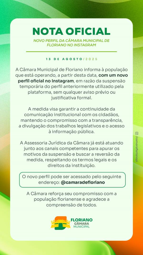 Câmara Municipal de Floriano anuncia novo perfil oficial no Instagram após suspensão do anterior(Imagem:CMF)