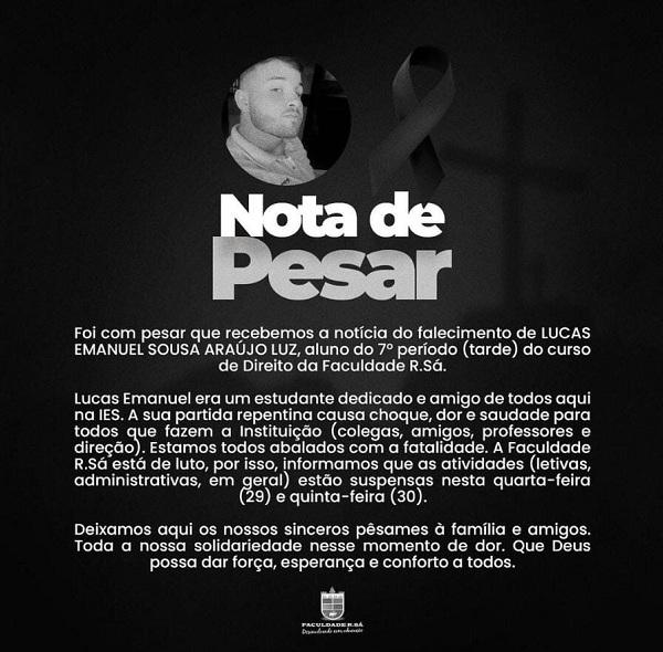 Nota de Pesar para Lucas Emanuel.(Imagem:Redes sociais)