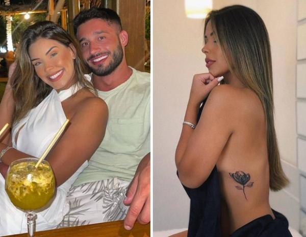 Ivy Moraes e o namorado, Fernando Borges, e a tatuagem que ela cobriu a inicial do ex-marido.(Imagem:Reprodução/Instagram)