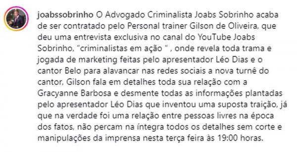 Nota do advogado de Gilson de Oliveira, apontado como pivô do término de Gracyanne e Belo.(Imagem: Reprodução/Instagram)