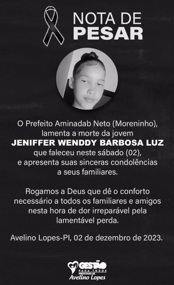 Nota de pesar pela morte de Jennifer Wenddy Barbosa Luz, de 13 anos.(Imagem:Divulgação)