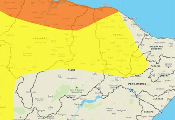 Piauí tem alerta de chuva para 155 municípios; Defesa Civil monitora áreas de risco.(Imagem:Inmet)