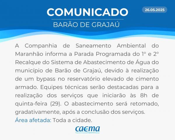 Parada programada no abastecimento de água afetará município de Barão de Grajaú nesta quinta (29).(Imagem:Divulgação)