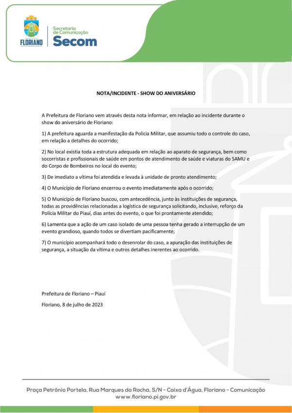 Prefeitura de Floriano emite nota sobre incidente durante show de aniversário.(Imagem:Secom)